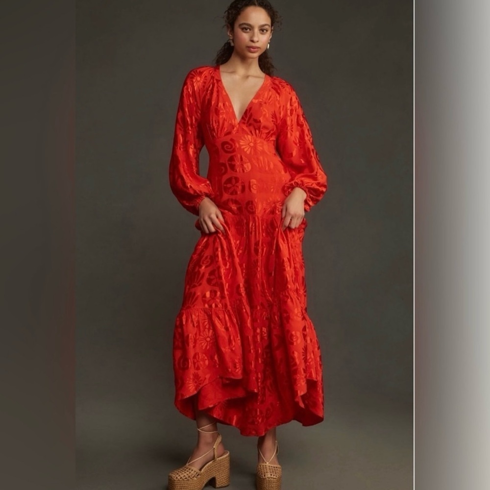 Farm Rio Jacquard V Neck Maxi Dress in Orange